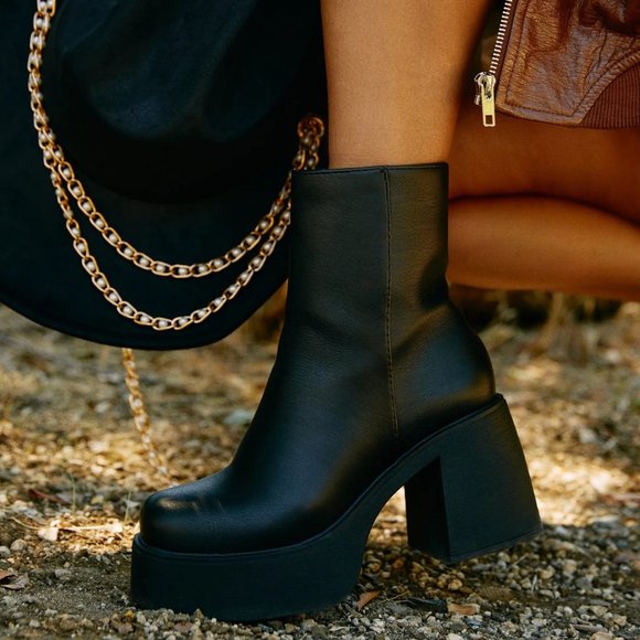 NEW🔥 Black Faux Leather Ankle Booties Boots Chunky Platform Block High Heel Zip - Picture 1 of 7
